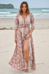 JAASE - Indiana Maxi Dress: Lace Back Shirred Waist A Line Dress with Handkerchief Hemline in Indah Print