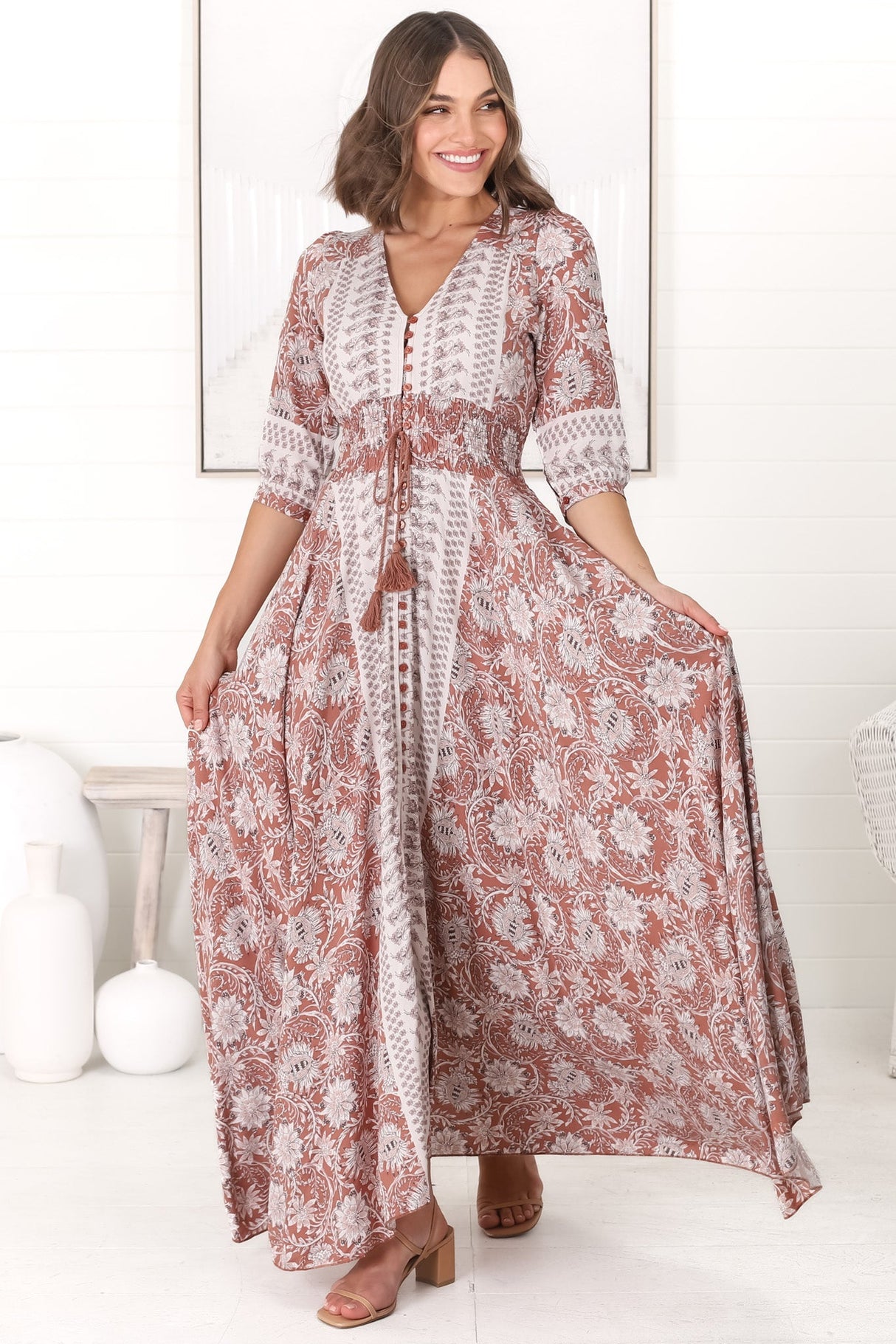 JAASE - Indiana Maxi Dress: Lace Back Shirred Waist A Line Dress with Handkerchief Hemline in Indah Print