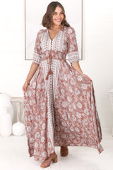 JAASE - Indiana Maxi Dress: Lace Back Shirred Waist A Line Dress with Handkerchief Hemline in Indah Print