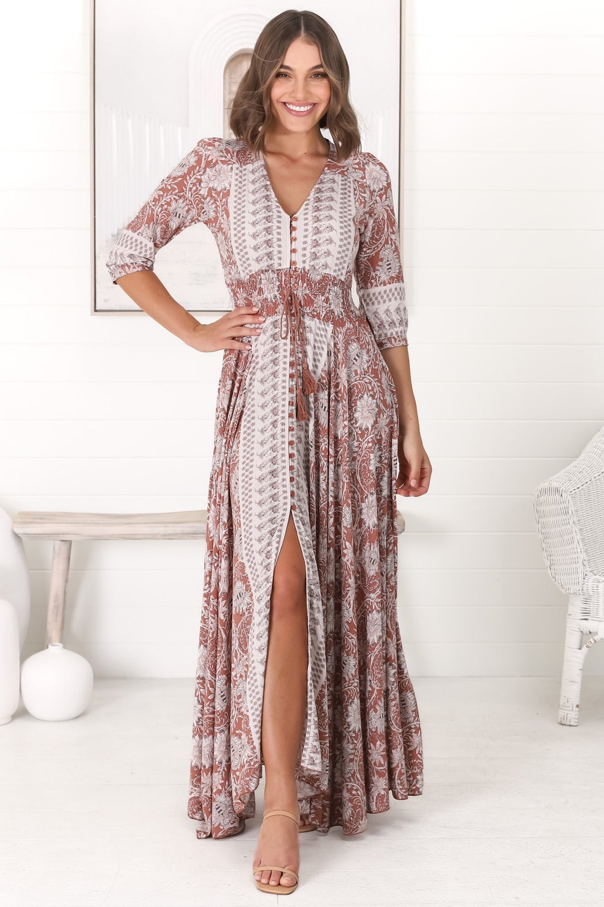 JAASE - Indiana Maxi Dress: Lace Back Shirred Waist A Line Dress with Handkerchief Hemline in Indah Print