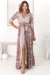 JAASE - Indiana Maxi Dress: Lace Back Shirred Waist A Line Dress with Handkerchief Hemline in Indah Print