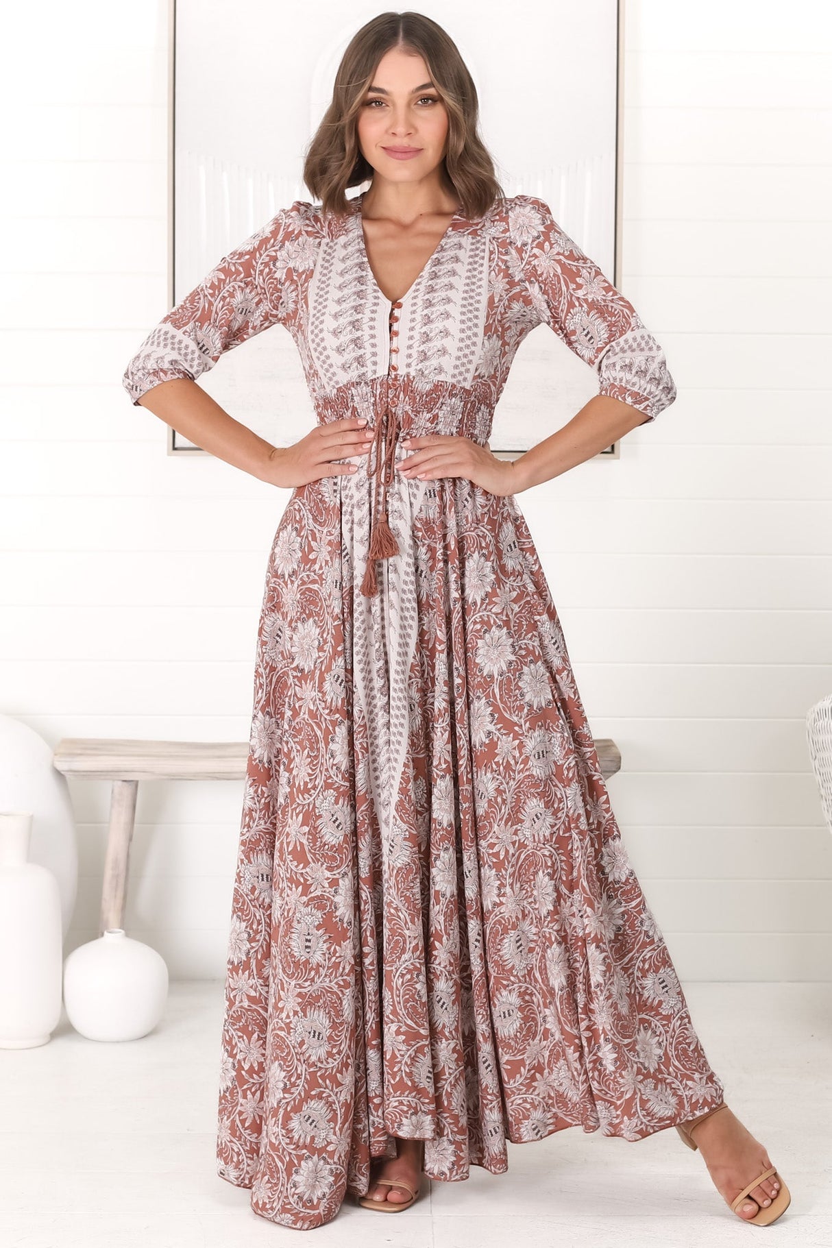 JAASE - Indiana Maxi Dress: Lace Back Shirred Waist A Line Dress with Handkerchief Hemline in Indah Print