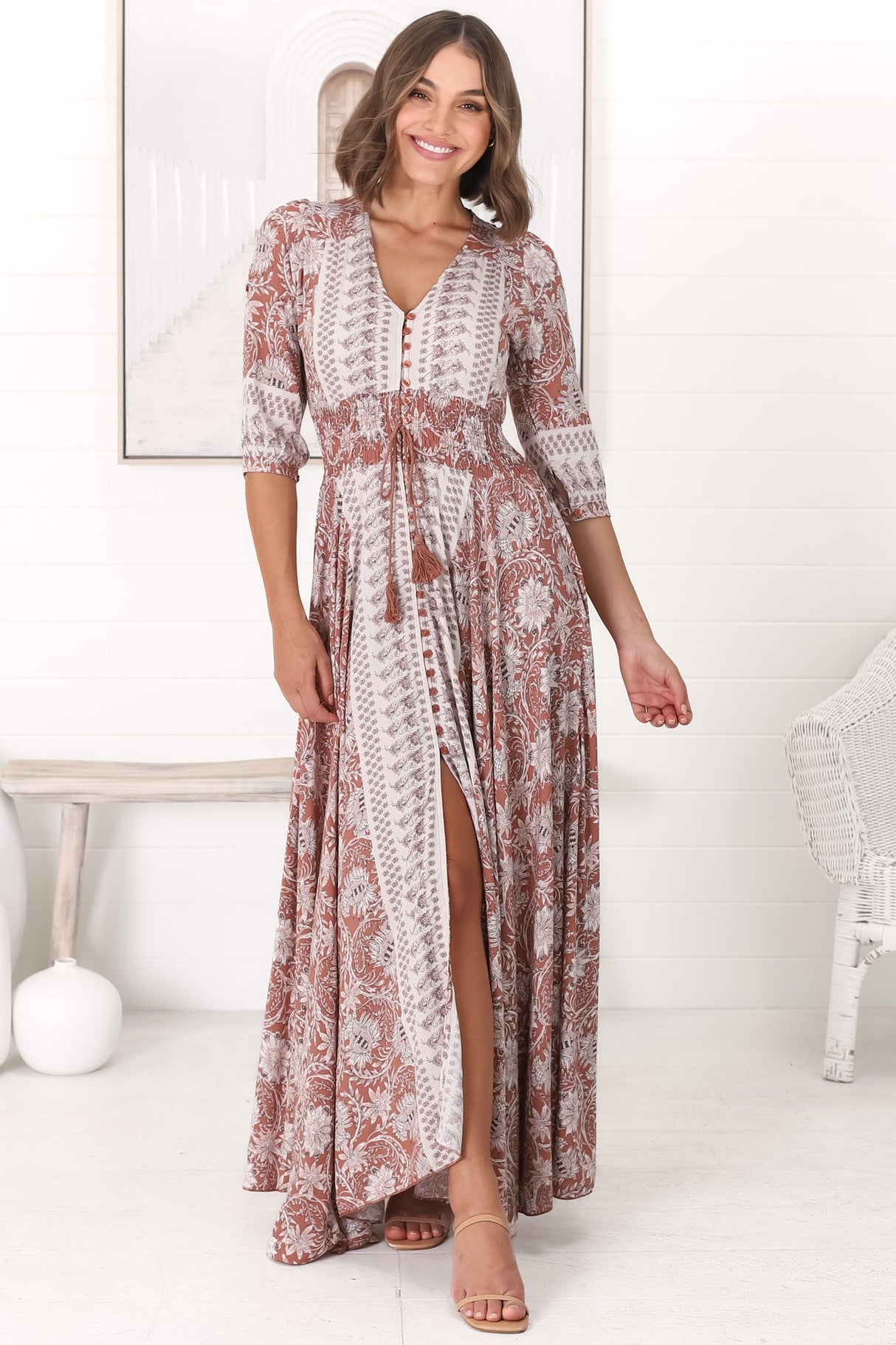 JAASE - Indiana Maxi Dress: Lace Back Shirred Waist A Line Dress with Handkerchief Hemline in Indah Print
