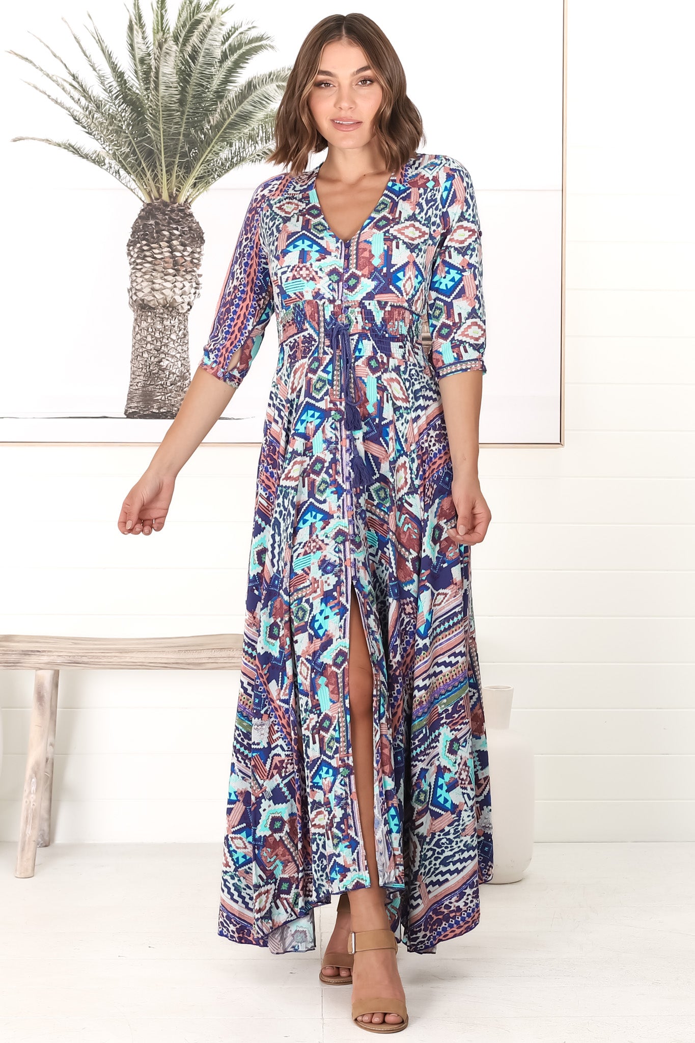 JAASE - Indiana Maxi Dress: Lace Back Shirred Waist A Line Dress with Handkercheif Hemline in Norah Print