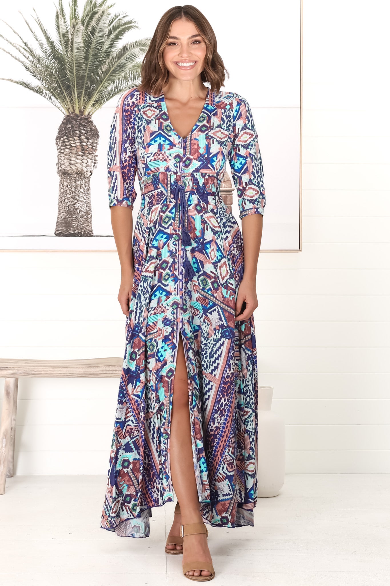 JAASE - Indiana Maxi Dress: Lace Back Shirred Waist A Line Dress with Handkercheif Hemline in Norah Print