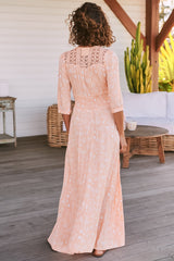 JAASE - Indiana Maxi Dress: Lace Back Shirred Waist A Line Dress with Handkercheif Hemline in Peach Island Print