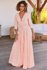 JAASE - Indiana Maxi Dress: Lace Back Shirred Waist A Line Dress with Handkercheif Hemline in Peach Island Print