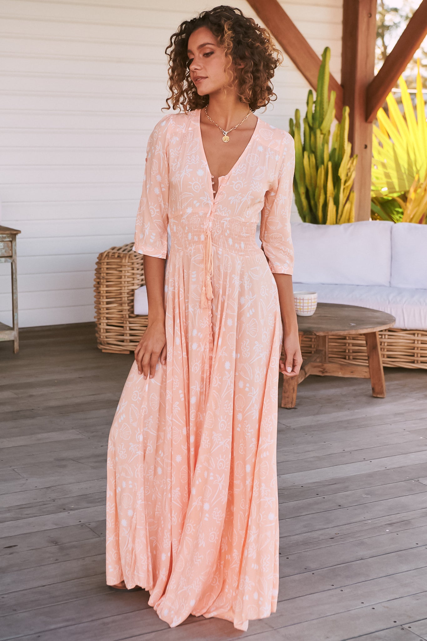 Indiana Maxi Dress Lace Back Shirred Waist Line Dress Handkerchief Hemline Island Print