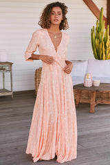 JAASE - Indiana Maxi Dress: Lace Back Shirred Waist A Line Dress with Handkercheif Hemline in Peach Island Print