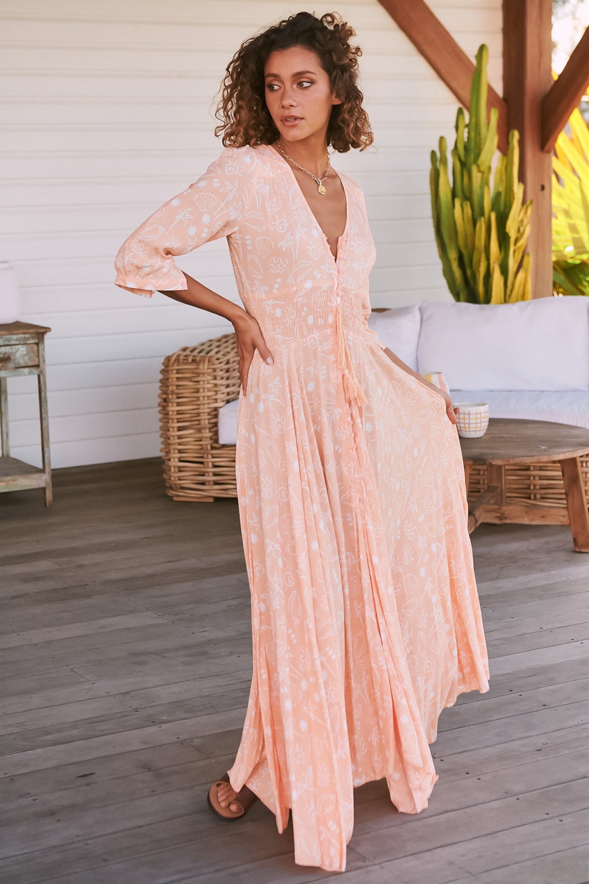 JAASE - Indiana Maxi Dress: Lace Back Shirred Waist A Line Dress with Handkercheif Hemline in Peach Island Print