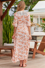 JAASE - Indiana Maxi Dress: Lace Back Shirred Waist A Line Dress with Handkerchief Hemline in Prairie Apricot Print