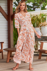 Indiana Maxi Dress - Lace Back Shirred Waist A Line Dress with Handkerchief Hemline in Prairie Apricot Print