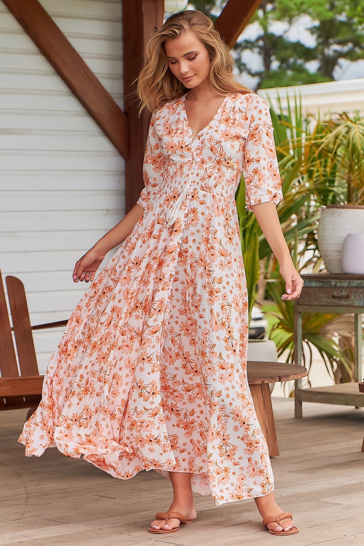 JAASE - Indiana Maxi Dress: Lace Back Shirred Waist A Line Dress with Handkerchief Hemline in Prairie Apricot Print