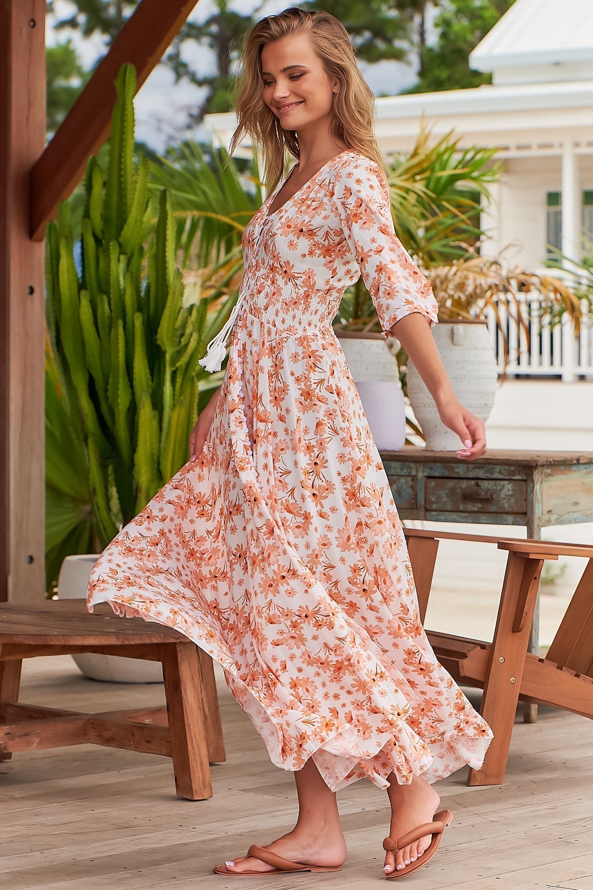 JAASE - Indiana Maxi Dress: Lace Back Shirred Waist A Line Dress with Handkerchief Hemline in Prairie Apricot Print