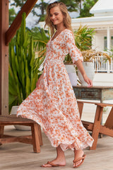 Indiana Maxi Dress - Lace Back Shirred Waist A Line Dress with Handkerchief Hemline in Prairie Apricot Print