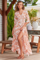 Indiana Maxi Dress - Lace Back Shirred Waist A Line Dress with Handkerchief Hemline in Prairie Apricot Print