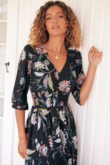 JAASE - Indiana Maxi Dress: Lace Back Shirred Waist A Line Dress with Handkerchief Hemline in Under The Stars Print