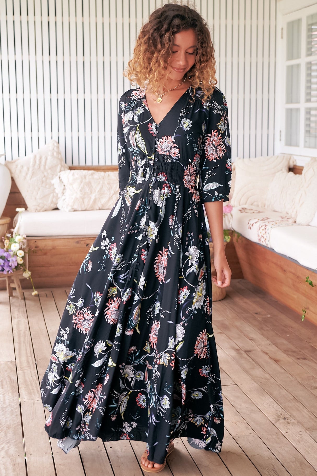 JAASE - Indiana Maxi Dress: Lace Back Shirred Waist A Line Dress with Handkerchief Hemline in Under The Stars Print