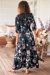 JAASE - Indiana Maxi Dress: Lace Back Shirred Waist A Line Dress with Handkerchief Hemline in Under The Stars Print