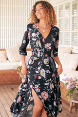 JAASE - Indiana Maxi Dress: Lace Back Shirred Waist A Line Dress with Handkerchief Hemline in Under The Stars Print