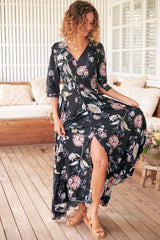 JAASE - Indiana Maxi Dress: Lace Back Shirred Waist A Line Dress with Handkerchief Hemline in Under The Stars Print