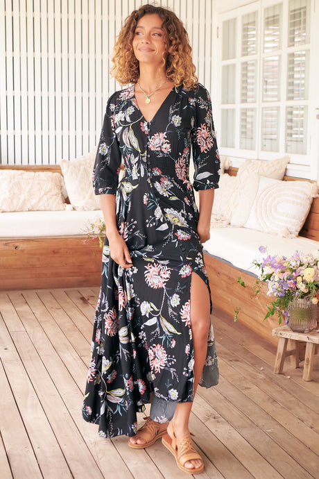 JAASE - Indiana Maxi Dress: Lace Back Shirred Waist A Line Dress with Handkerchief Hemline in Under The Stars Print