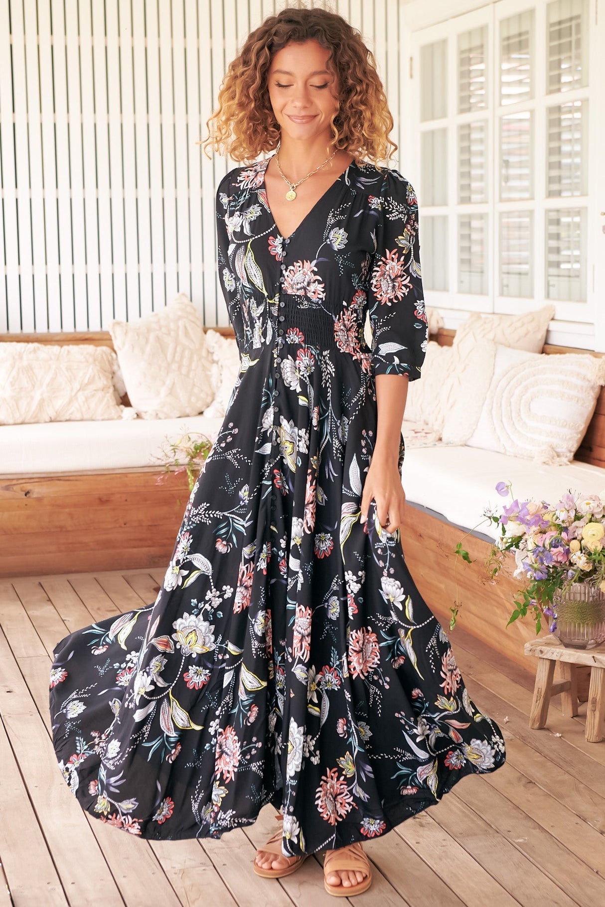 JAASE - Indiana Maxi Dress: Lace Back Shirred Waist A Line Dress with Handkerchief Hemline in Under The Stars Print
