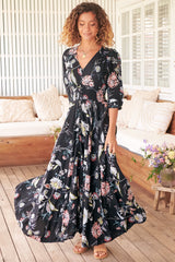 JAASE - Indiana Maxi Dress: Lace Back Shirred Waist A Line Dress with Handkerchief Hemline in Under The Stars Print