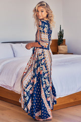 JAASE - Indiana Maxi Dress: Lace Back Shirred Waist A Line Dress with Handkerchief Hemline in Asha Print