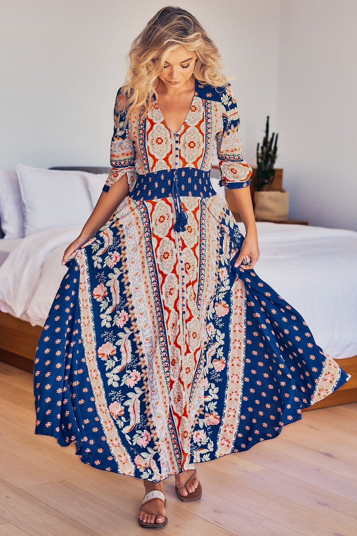 JAASE - Indiana Maxi Dress: Lace Back Shirred Waist A Line Dress with Handkerchief Hemline in Asha Print