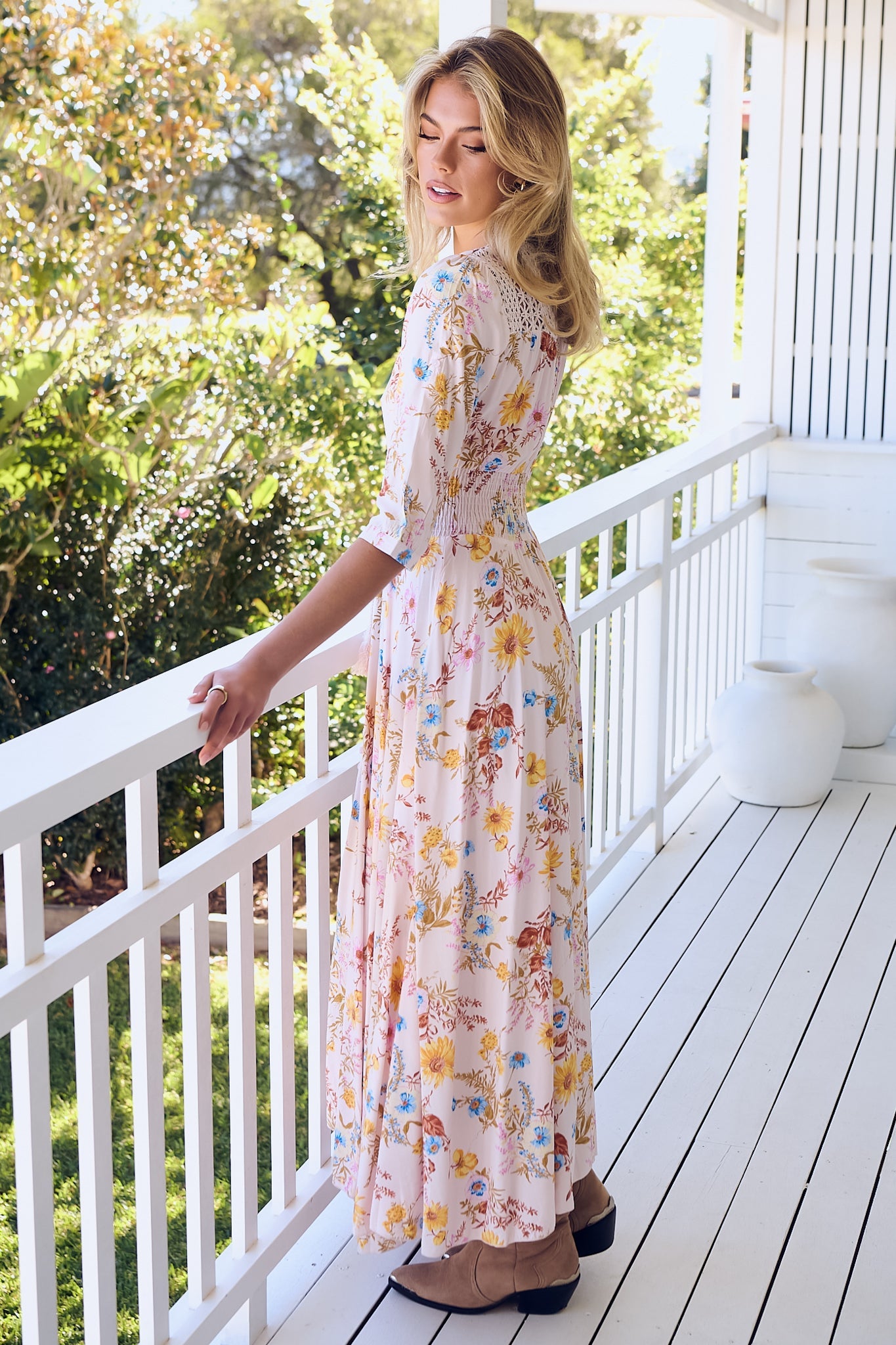 JAASE - Indiana Maxi Dress: Lace Back Shirred Waist A Line Dress with Handkercheif Hemline in Bambalina Print