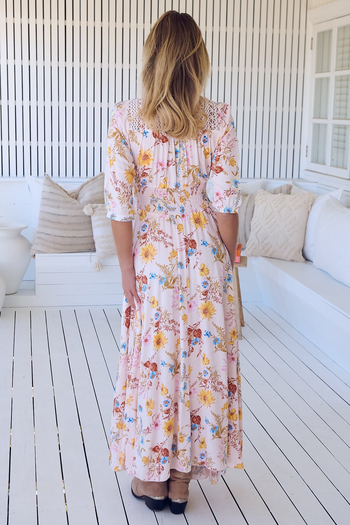 JAASE - Indiana Maxi Dress: Lace Back Shirred Waist A Line Dress with Handkercheif Hemline in Bambalina Print