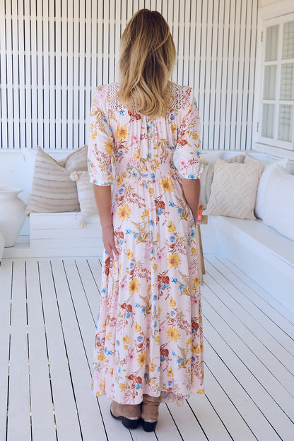 JAASE - Indiana Maxi Dress: Lace Back Shirred Waist A Line Dress with Handkercheif Hemline in Bambalina Print