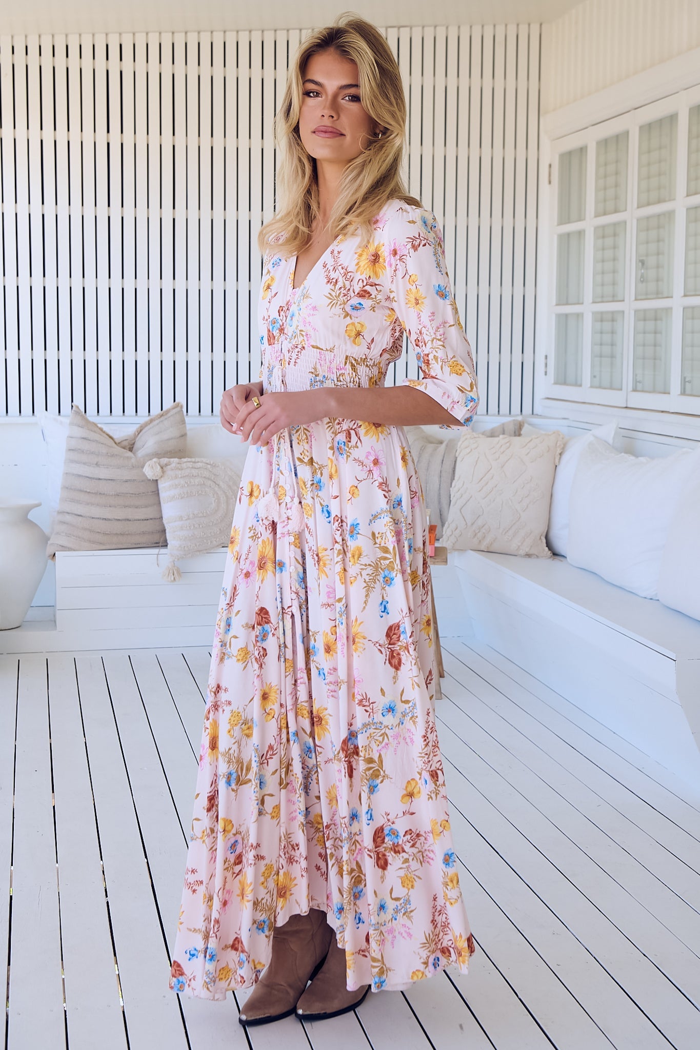 JAASE - Indiana Maxi Dress: Lace Back Shirred Waist A Line Dress with Handkercheif Hemline in Bambalina Print