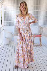 JAASE - Indiana Maxi Dress: Lace Back Shirred Waist A Line Dress with Handkercheif Hemline in Bambalina Print