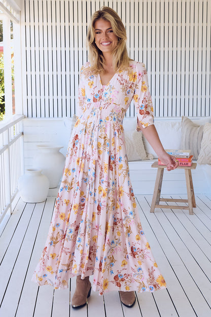 JAASE - Indiana Maxi Dress: Lace Back Shirred Waist A Line Dress with Handkercheif Hemline in Bambalina Print