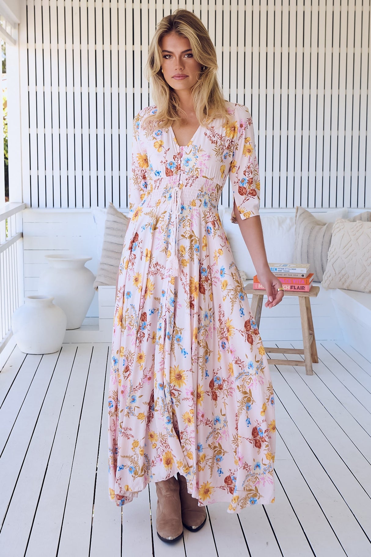 JAASE - Indiana Maxi Dress: Lace Back Shirred Waist A Line Dress with Handkercheif Hemline in Bambalina Print