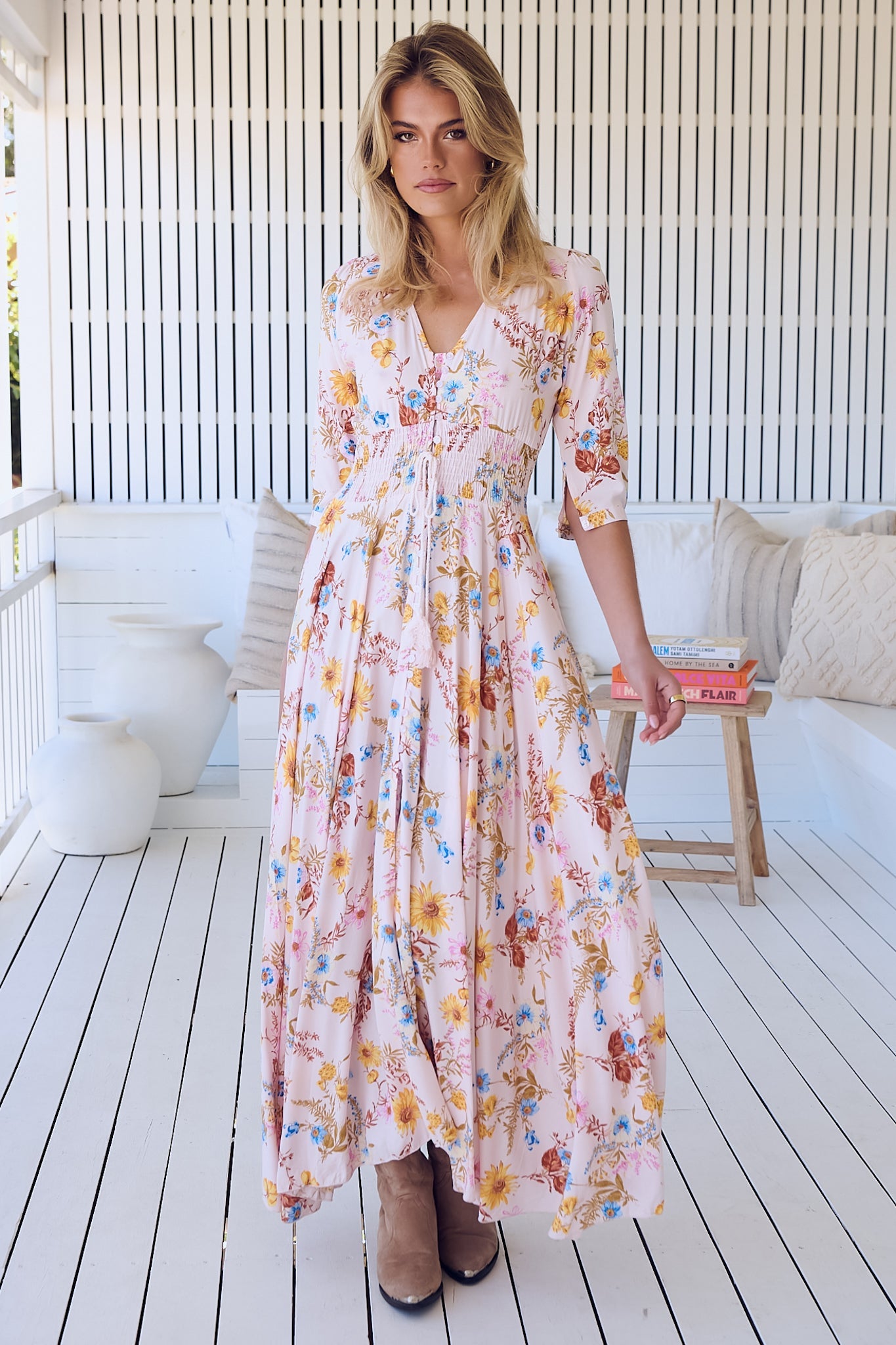 JAASE - Indiana Maxi Dress: Lace Back Shirred Waist A Line Dress with Handkercheif Hemline in Bambalina Print