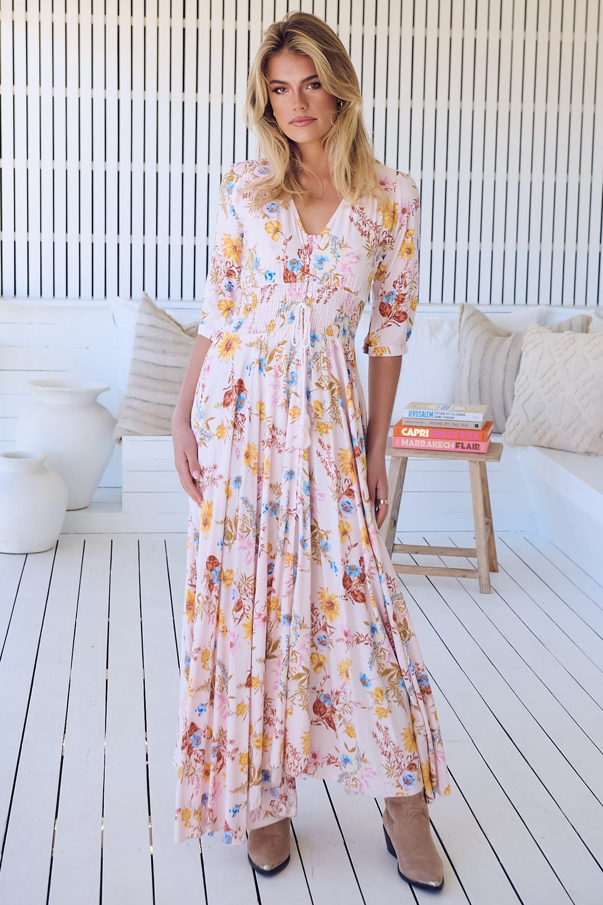 JAASE - Indiana Maxi Dress: Lace Back Shirred Waist A Line Dress with Handkercheif Hemline in Bambalina Print