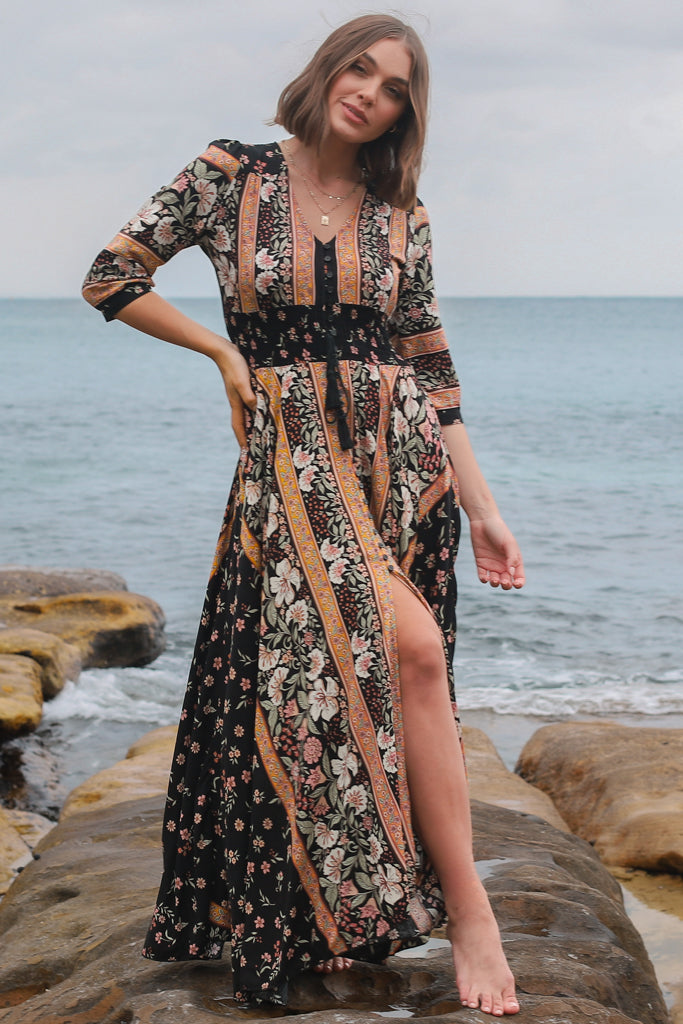 JAASE - Indiana Maxi Dress: Lace Back Shirred Waist A Line Dress with Handkerchief Hemline in Eternity Print