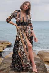 JAASE - Indiana Maxi Dress: Lace Back Shirred Waist A Line Dress with Handkerchief Hemline in Eternity Print