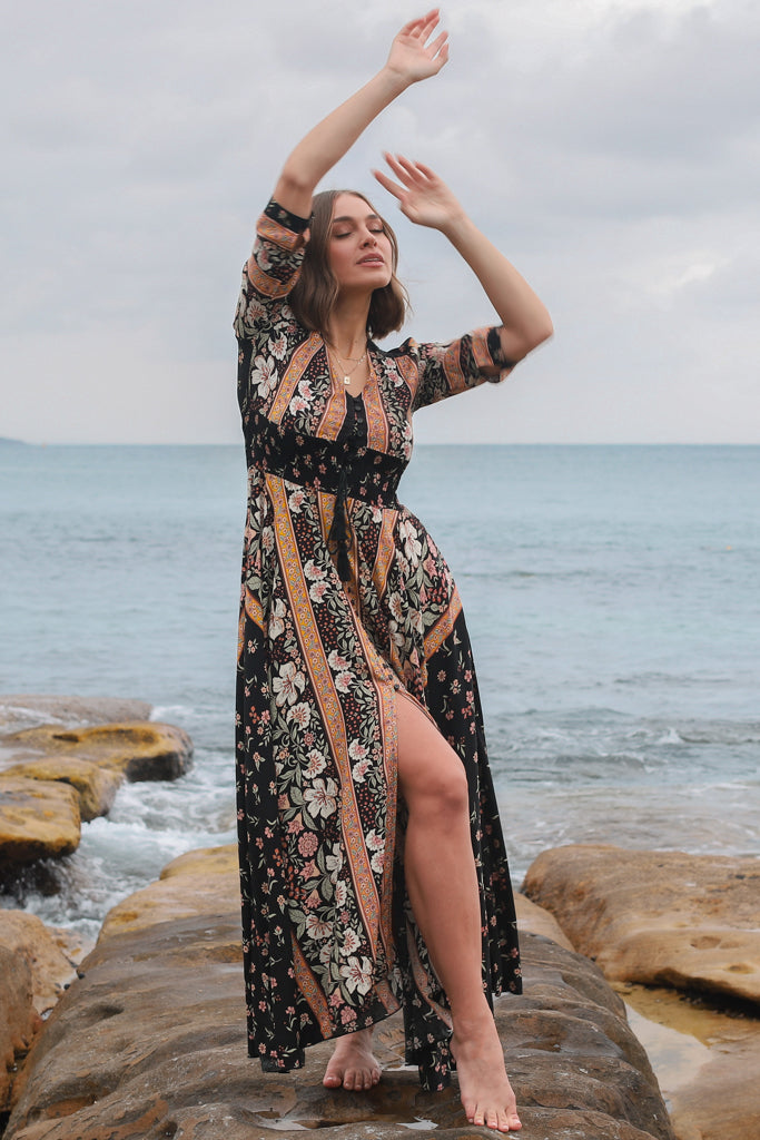 JAASE - Indiana Maxi Dress: Lace Back Shirred Waist A Line Dress with Handkercheif Hemline in Eternity Print