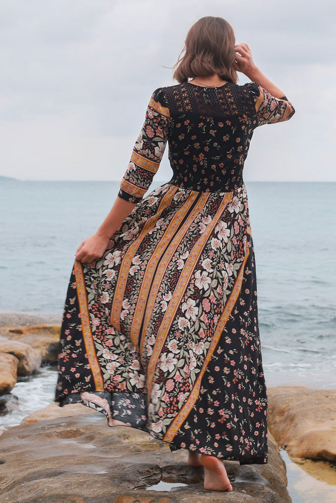 Indiana Maxi Dress - Lace Back Shirred Waist A Line Dress with Handkerchief Hemline in Eternity Print