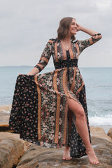 JAASE - Indiana Maxi Dress: Lace Back Shirred Waist A Line Dress with Handkerchief Hemline in Eternity Print