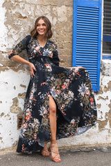 JAASE - Indiana Maxi Dress: Lace Back Shirred Waist A Line Dress with Handkercheif Hemline in Indigo Print