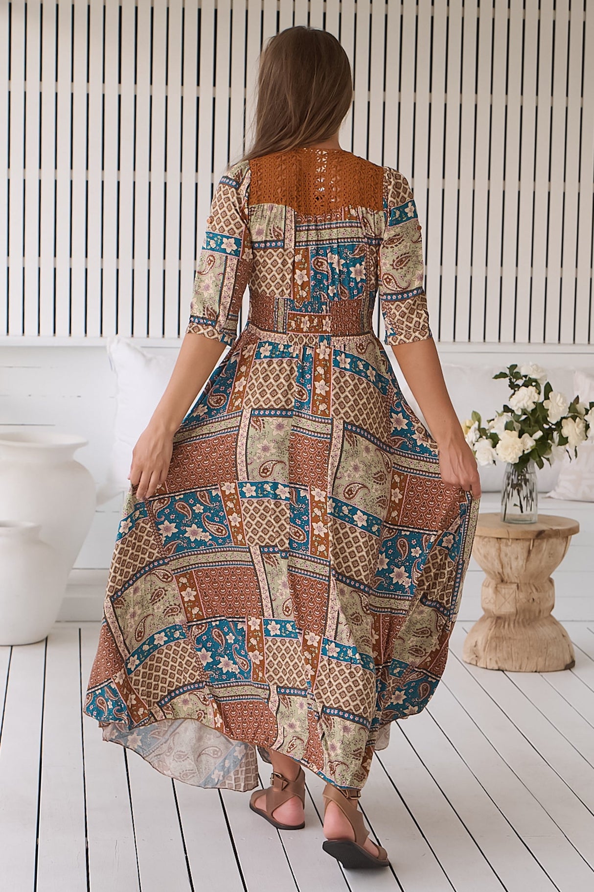 JAASE - Indiana Maxi Dress: Lace Back Shirred Waist A Line Dress with Handkerchief Hemline in Izabelle Print