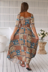 JAASE - Indiana Maxi Dress: Lace Back Shirred Waist A Line Dress with Handkerchief Hemline in Izabelle Print