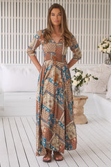 JAASE - Indiana Maxi Dress: Lace Back Shirred Waist A Line Dress with Handkerchief Hemline in Izabelle Print