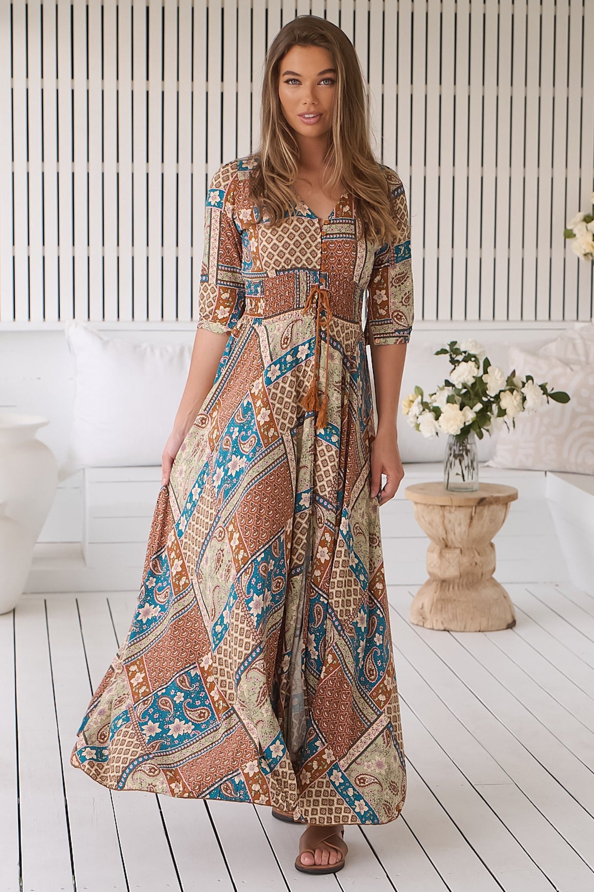 JAASE - Indiana Maxi Dress: Lace Back Shirred Waist A Line Dress with Handkerchief Hemline in Izabelle Print