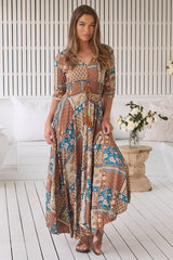 JAASE - Indiana Maxi Dress: Lace Back Shirred Waist A Line Dress with Handkerchief Hemline in Izabelle Print